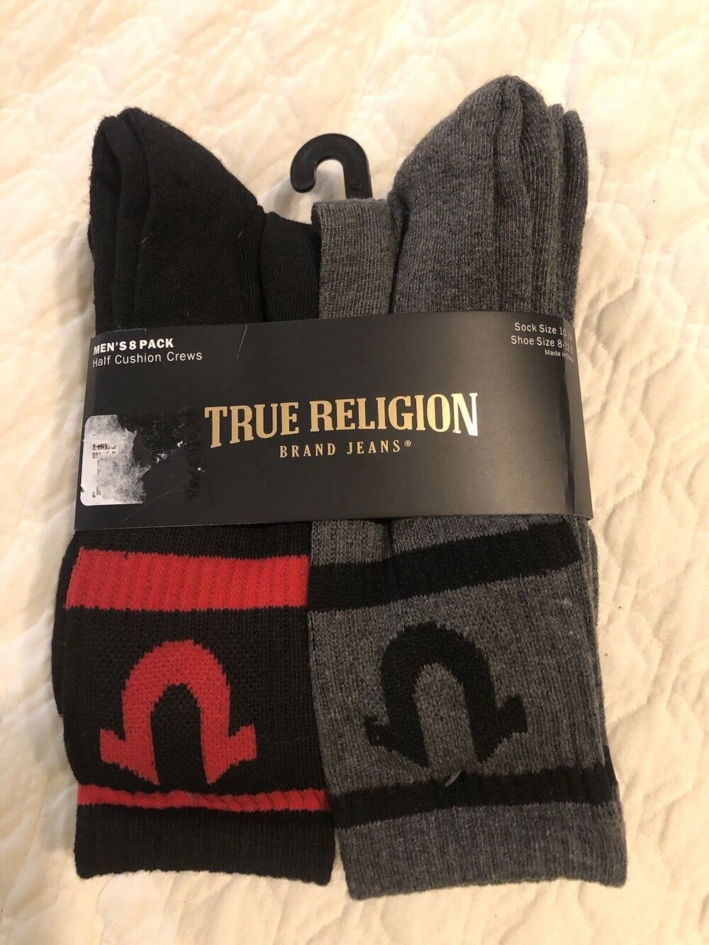 True Religion Mens Crew Socks Pack 8 Socks Cushioned Sz 8-12.5
